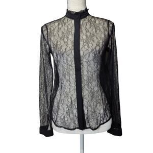 Bebe Women's Sz XS Black Sheer Lace Button Up Shirt Ruffle High Neckline
